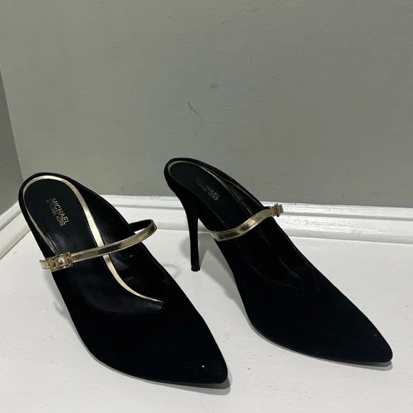 Michael Kors Black Suede Mule Heels with Gold Straps-size 11 - Picture 5 of 9